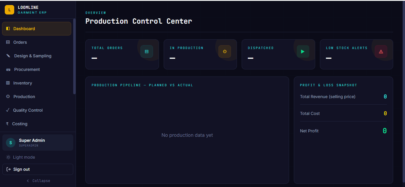 Loomline ERP homepage